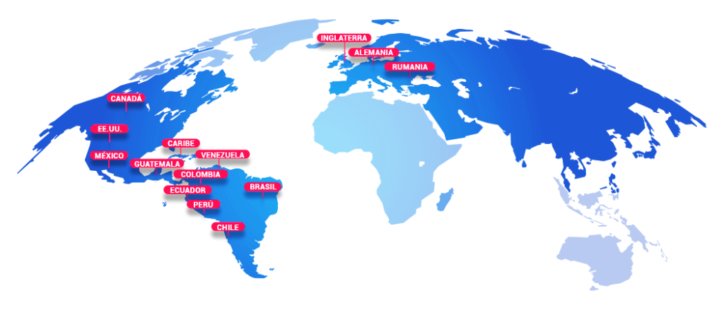 Mapa de presencia internacional de SolSer IT con oficinas en México y clientes en América, Europa y el Caribe.